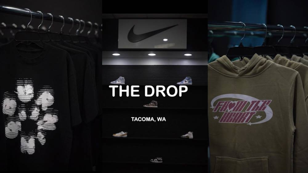 Three portraits 
                    compiled side by side showcasing streetwear clothing and athletic shoes.
                    Text across image reads The Drop Supply Co. Tacoma, WA.